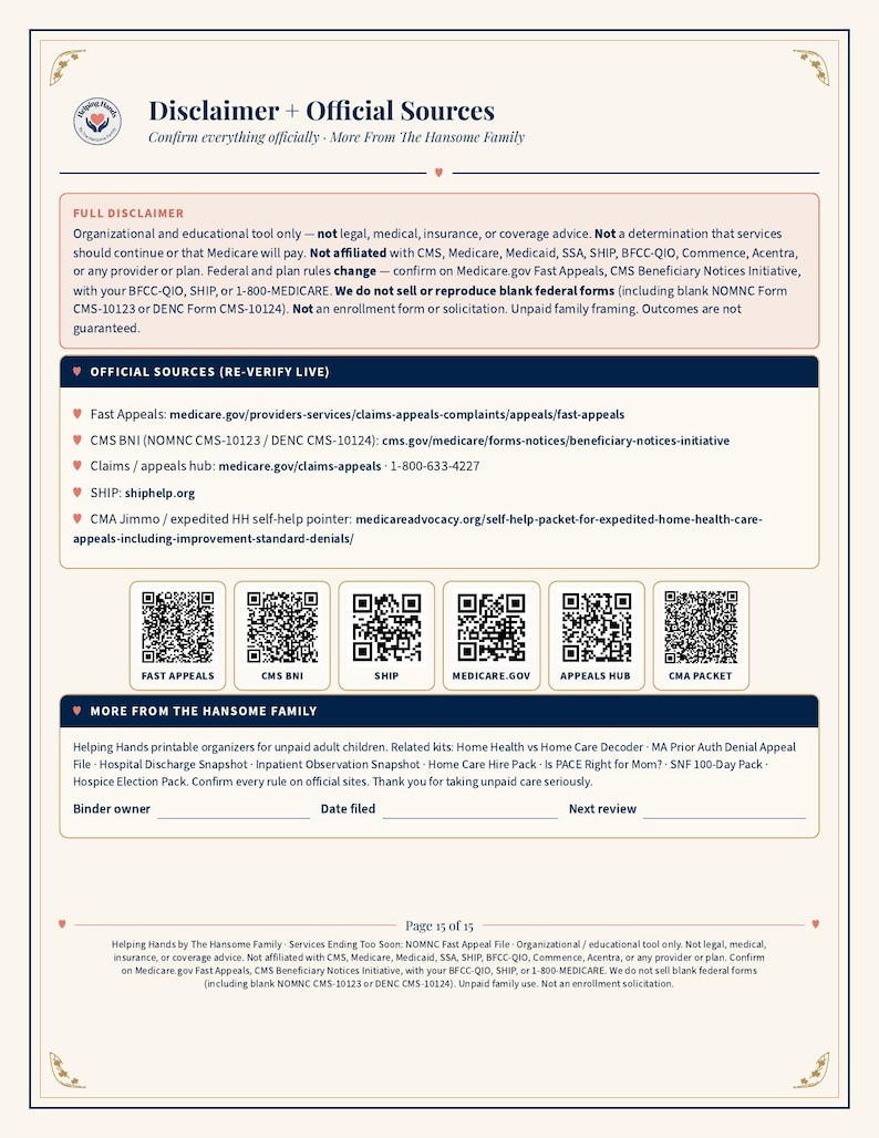May include: A document titled Disclaimer + Official Sources from The Hansome Family, featuring a full disclaimer, a list of official sources with URLs, six QR codes for navigation, and a section for binder owner, date filed, and next review.
