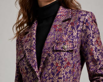 Statement jas paarsgoudbrokaat | Luxe jacquard blazerset met tapijten