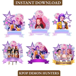 May include: Digital K-pop-themed cake toppers featuring illustrations of female characters, disco balls, stars, and ribbons. The toppers include the text "INSTANT DOWNLOAD" and "KPOP DEMON HUNTERS".