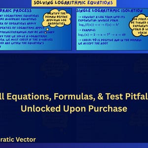 May include: An educational graphic titled Solving Logarithmic Equations with two blue boxes detailing Algebraic Process and Single Logarithmic Isolation. The center features the text All Equations, Formulas, & Test Pitfalls Unlocked Upon Purchase.