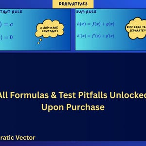 May include: An educational graphic titled Derivatives featuring two blue boxes. The left box shows the Constant Rule with f(x)=c and f'(x)=0, plus a note that pi and e are constants. The right box shows the Sum Rule with h(x)=f(x)+g(x) and h'(x)=f'(x)+g'(x).