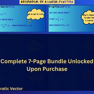 Op de afbeelding: Een educatieve grafiek getiteld Reciprocal of a Linear Function met blauwe vakken die x- en y-intercepten uitleggen met wiskundige formules en tekstballonnen. De centrale tekst luidt Complete 7-Page Bundle Unlocked Upon Purchase.