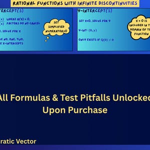 May include: An educational graphic titled Rational Functions with Infinite Discontinuities. It features two blue boxes explaining X-intercepts and Y-intercepts with yellow thought bubbles. A large dark blue box states All Formulas & Test Pitfalls Unlocked Upon Purchase.