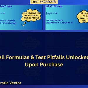 May include: An educational graphic titled Limit Properties featuring two blue boxes. The left box shows the Constant Law formula and text, while the right box shows the Identity Law. Below, text reads All Formulas & Test Pitfalls Unlocked Upon Purchase.