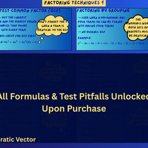 May include: An educational infographic titled Factoring Techniques 1 with blue backgrounds. It explains Greatest Common Factor and Factoring by Grouping with text, examples, and yellow thought bubbles. The bottom section states All Formulas & Test Pitfalls Unlocked Upon Purchase and Socratic Vector.
