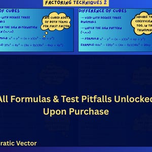 Op de afbeelding: Een educatieve infographic getiteld Factoring Techniques 2 met blauwe vakken die de som- en verschilformules van derdemachtswortels uitleggen. Het bevat tekst over binomen, tekenpatronen en voorbeelden, plus een donkere overlay met de tekst All Formulas & Test Pitfalls Unlocked Upon Purchase en Socratic Vector.