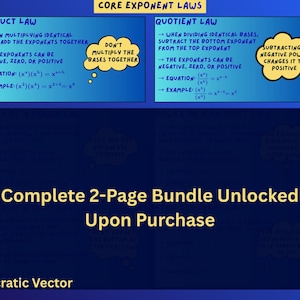 Op de afbeelding: Een educatieve grafische afbeelding getiteld Core Exponent Laws met blauwe achtergronden. Het beschrijft de productwet en de quotiëntwet met vergelijkingen en voorbeelden. Een donkere overlay in het midden vermeldt Complete 2-Page Bundle Unlocked Upon Purchase.