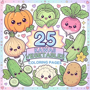Może przedstawiać: Cyfrowa ilustracja przedstawiająca 25 stron do kolorowania z warzywami kawaii oraz centralny baner z napisem 25 KAWAII VEGETABLES COLORING PAGES. Obraz przedstawia dynię, kapustę, rzodkiewkę, cebulę, cukinię, ogórka, kalafior i ziemniaka.