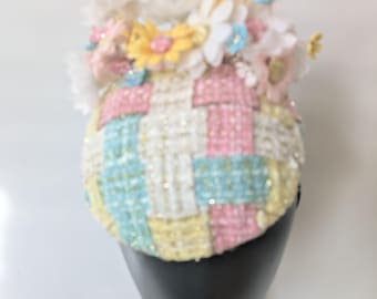 Pastel Tweed hat with Flowers –  Vintage-Inspired Cocktail , Wedding Guest , Handmade Millinery