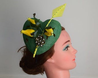 Green Heart  Sinamay Vintage hat Wedding | Royal Ascot | Epsom Derby