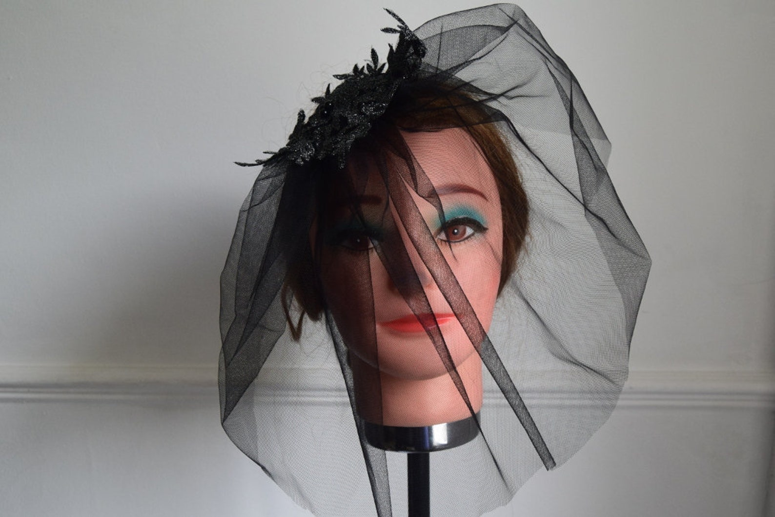 Black Blusher Veil With Lace Headpiece Wedding Funeral Occasion Wear