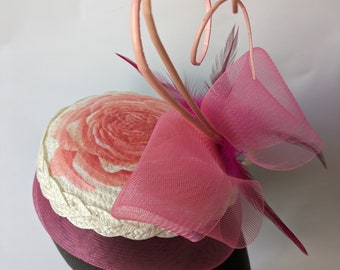 Beige and Pink print percher hat Ascot |Derby | Weddings