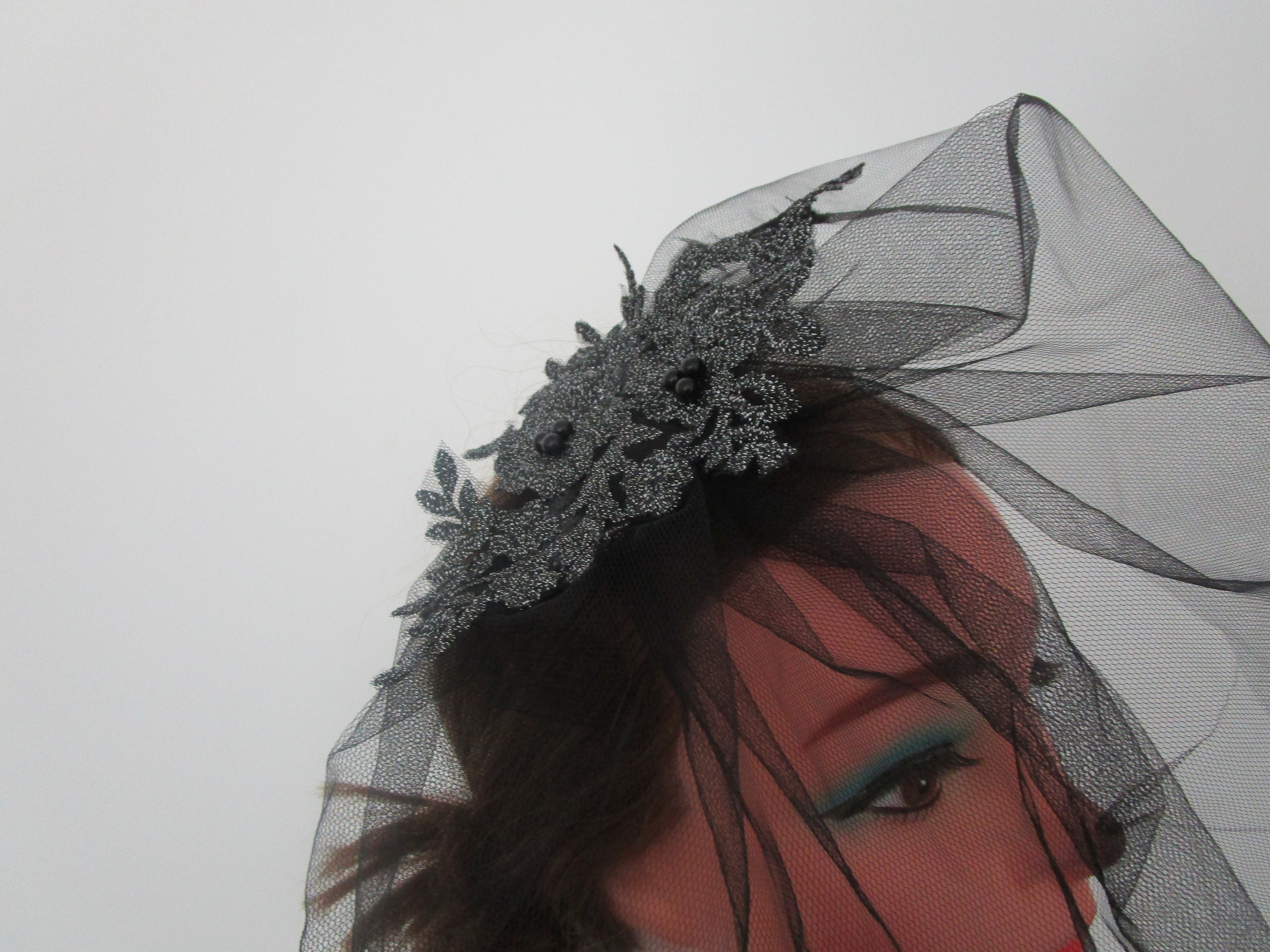 Black Blusher Veil With Lace Headpiece Wedding Funeral Occasion Wear