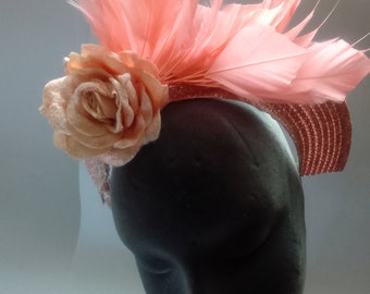 Dusky Pink  straw spiky feather fascinator Wedding Veil, Birdcage Veil