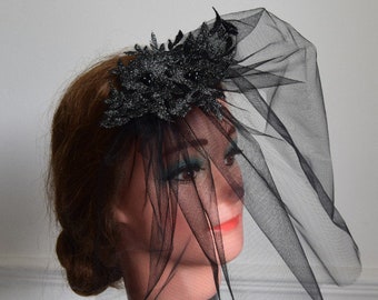 Black blusher veil with lace headpiece wedding funeral occasion wear formal