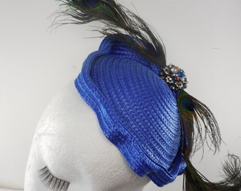 Royal Blue fascinator with peacock feathers