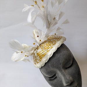 Gold and off White feathers fascinator  Mother of the bride |wedding |Races| Party