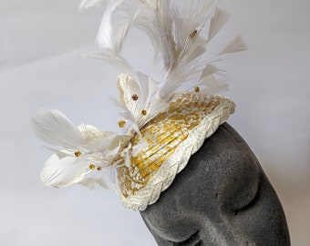 Gold and off White feathers fascinator  Mother of the bride |wedding |Races| Party