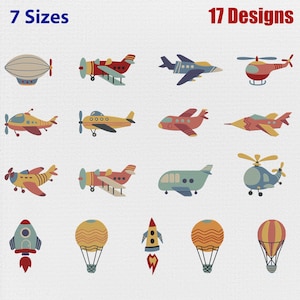 Könnte beinhalten: Eine digitale Sammlung von 17 Stickmustern mit verschiedenen Fluggeräten wie Flugzeugen, Hubschraubern, Raketen, Heißluftballons und einem Luftschiff in Rot-, Blau-, Gelb- und Grautönen. Der Text 7 Sizes und 17 Designs ist sichtbar.