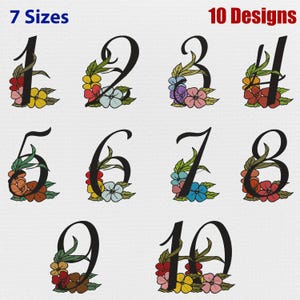 Floral Numbers Embroidery Bundle - Floral Digits Design Machine File - 7 Sizes  10 Designs