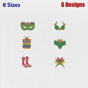 May include: A digital graphic set featuring 8 Sizes and 6 Designs with icons of a green carnival mask, a colorful drum with sticks, red patterned high-heeled boots, a green bikini top, green bikini bottoms, and a green feathered carnival headpiece.