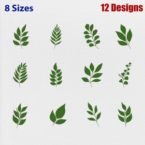 Puede incluir: Un conjunto gráfico digital que presenta 12 ilustraciones de hojas verdes distintas dispuestas en una cuadrícula. El texto 8 Sizes aparece en la esquina superior izquierda y 12 Designs en la esquina superior derecha. Cada icono muestra una forma botánica.