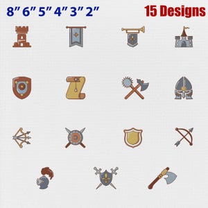 May include: A collection of 15 medieval-themed designs, including a castle, shield, scroll, and weapons. The designs are in a cartoon style with brown, blue, and yellow accents. The sizes range from 2 to 8 inches.