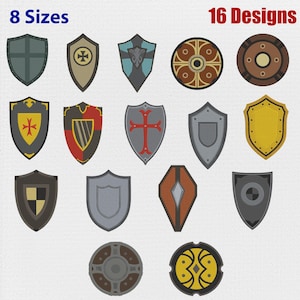 Peut inclure: Une collection de 16 modèles de boucliers de formes, couleurs et motifs variés, incluant des écus, des boucliers en amande et ronds. Le texte 8 Sizes et 16 Designs est affiché en haut. Les boucliers présentent divers emblèmes et motifs.