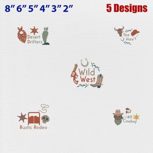 Può includere: Cinque disegni ricamati a tema western. I disegni includono una bandana, stella, cactus, testa di toro, cappello da cowboy, ferro di cavallo, pistola, stivale da cowboy, letto, teschio e un cowboy. Dimensioni da 5 a 20 cm.