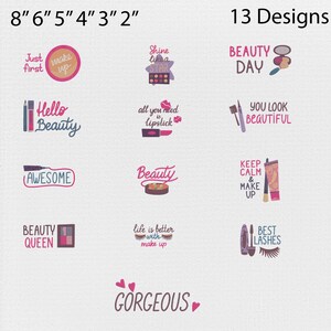 Könnte beinhalten: Eine Sammlung von 13 Designs zum Thema Schönheit mit Text und Illustrationen. Die Designs enthalten Sätze wie "Hello Beauty", "Beauty Day" und "Best Lashes" sowie Grafiken zum Thema Make-up. Die Farbpalette umfasst Rosa, Lila und Braun.