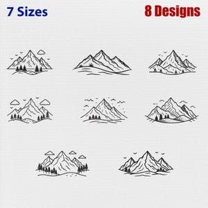 May include: A collection of eight black and white line art illustrations featuring mountain landscapes with trees, clouds, and birds. The text 7 Sizes and 8 Designs is printed at the top of the image in blue and red respectively.
