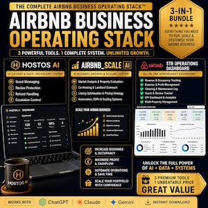May include: Promotional graphic for an Airbnb business operating stack, showcasing three AI tools. The image includes a laptop displaying a dashboard, a coffee mug, and charts, promoting business growth and efficiency for Airbnb hosts.