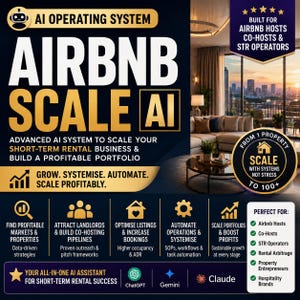 May include: An advert for an AI system designed for Airbnb hosts, featuring the text "Airbnb Scale AI". The image includes icons and descriptions of the system's features, set against a backdrop of a modern living room with a city skyline view.
