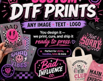 Transferencias DTF personalizadas, hoja lista para prensar, impresión a todo color (despegable).