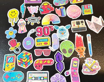 Pack de pegatinas holográficas con temática de los años 90, 35 pegatinas de vinilo retro (resistentes al agua)