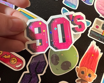Paquete de pegatinas holográficas de los 90: calcomanías de vinilo retro para portátiles y botellas de agua.