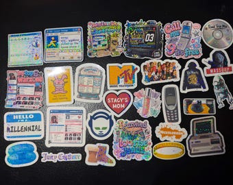 Pegatinas holográficas de nostalgia de los 2000 / Vinilos de Internet, cultura pop y chicas de centro comercial del año 2000 (paquete de 30)