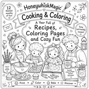 Op de afbeelding: Zwart-wit illustratie van een "HoneywhiskMagic Cooking & Coloring" boek. De afbeelding toont een gezin van vier personen, met de tekst "A Year Full of Recipes, Coloring Pages and Cozy Fun". De afbeelding bevat ook de woorden "Print", "Color", "Bake" en "Discover".