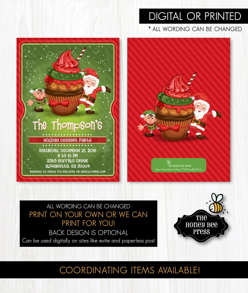 Christmas Cupcake Party Invitation Holiday Dessert Party Invitation with Santa Elf and Cupcake