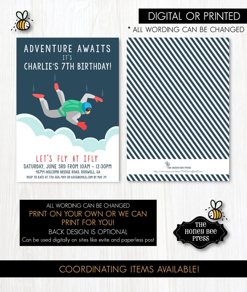 IFLY birthday invitation PRINTED or PRINTABLE Adventure Awaits Skydiving Birthday Invitation