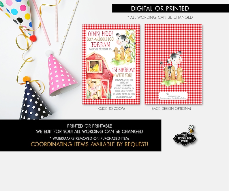 PRINTED invitations or PRINTABLE Cute Watercolor Baby Farm Animal 1st or 2nd birthday invitation for boys or girls