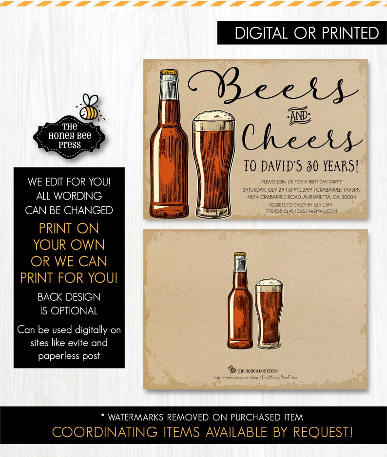 Craft Beer birthday invitation PRINTED or PRINTABLE invitation Beers and Cheers Adult birthday invitation