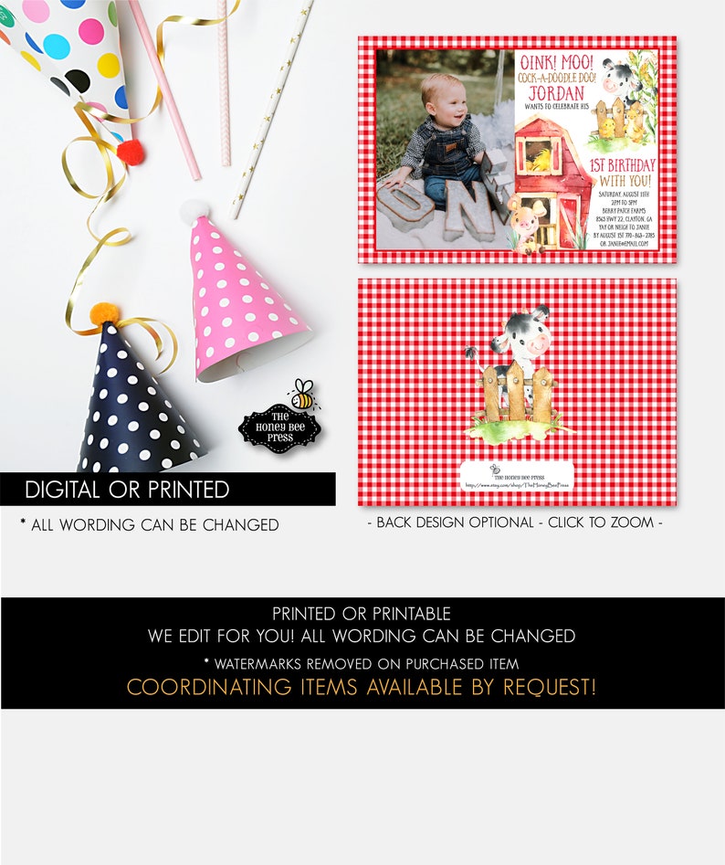 PRINTED invitations or PRINTABLE Cute Watercolor Baby Farm Animal 1st or 2nd birthday invitation for boys or girls
