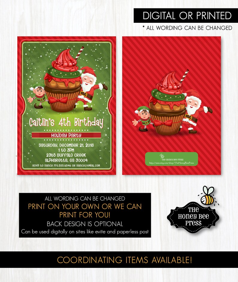 Christmas Cupcake Party Invitation Holiday Dessert Party Invitation with Santa Elf and Cupcake