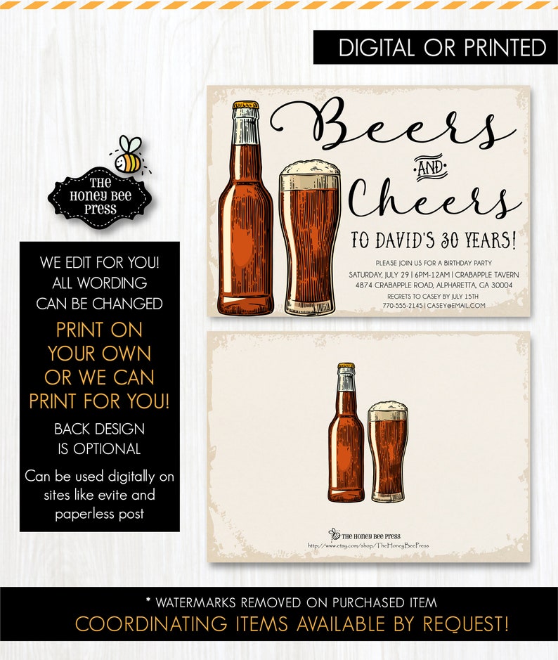 Craft Beer birthday invitation PRINTED or PRINTABLE invitation Beers and Cheers Adult birthday invitation