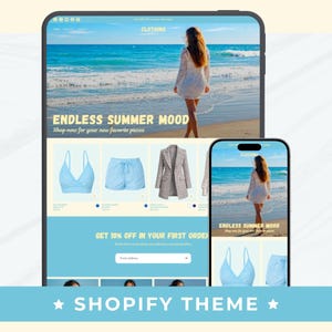 May include: A digital display of a Shopify theme website on a tablet and smartphone. The interface features a beach header image, the text ENDLESS SUMMER MOOD, and product listings including a light blue bralette, shorts, and a plaid blazer.