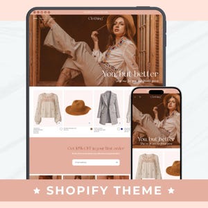 Może przedstawiać: Cyfrowy zrzut ekranu motywu Shopify dla odzieży. Główny obraz przedstawia kobietę w białej bluzce i spodniach. Poniżej znajdują się zdjęcia produktów bluzki, kapelusza i blezera. Tekst brzmi "You but better" i "Get 10% OFF in your first order."