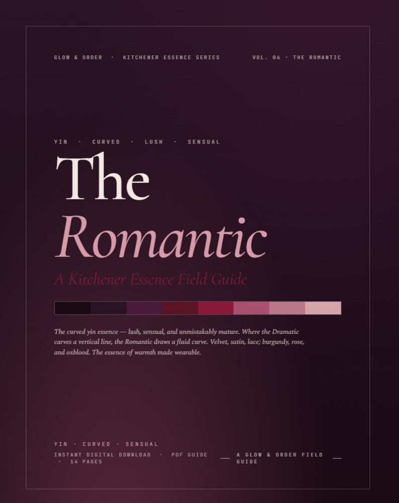 May include: A dark burgundy-colored field guide titled "The Romantic" with white text. The cover includes a color palette and descriptive text about the essence of warmth. The guide is part of the Kitchener Essence Series.