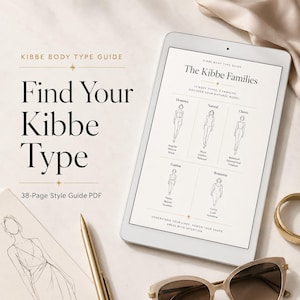 May include: A digital tablet shows "The Kibbe Families" body type guide, with illustrations and text. The title "Find Your Kibbe Type" is above the tablet. A pen, sunglasses, and a gold ring are also visible.