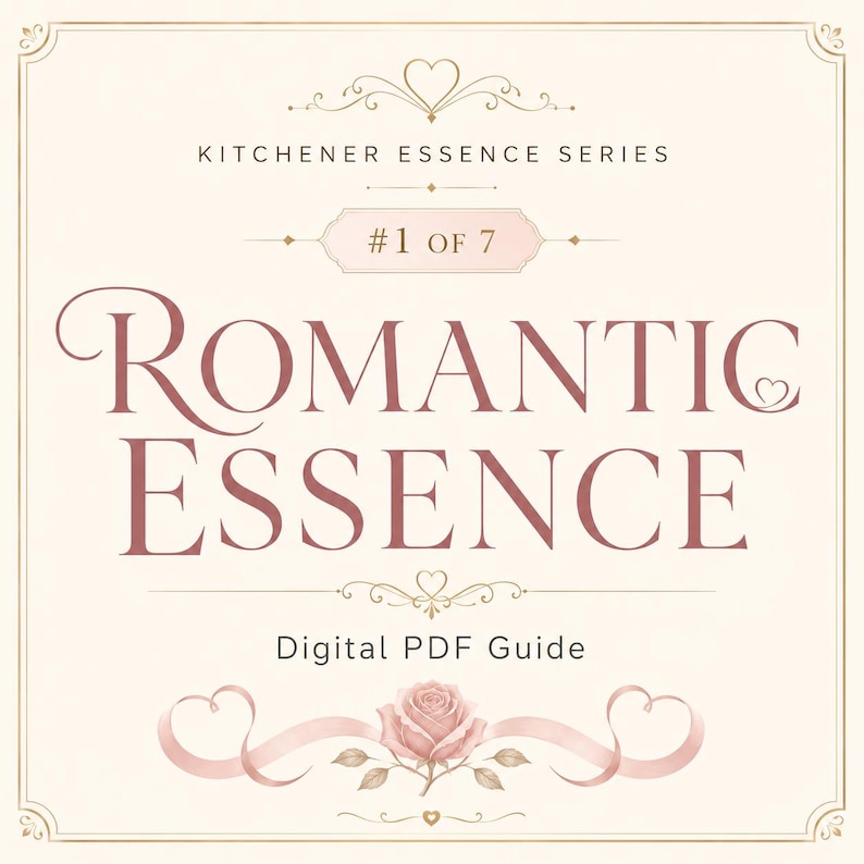 May include: A digital PDF guide titled "Romantic Essence" from the Kitchener Essence Series. The design features a soft, cream-colored background with elegant, rose-colored text and decorative elements, including a rose illustration and heart motifs.